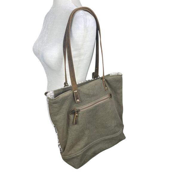 Myra Bag Leather Embroidery Shoulder Bag Tote Boho Aztec Western Brown White - Picture 4 of 16